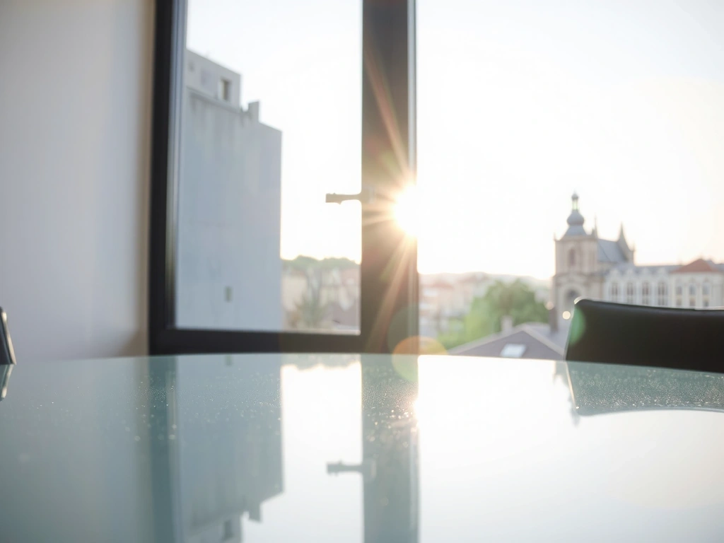 Detailní záběr na čistou skleněnou desku stolu v pražském bytě s ranním odleskem